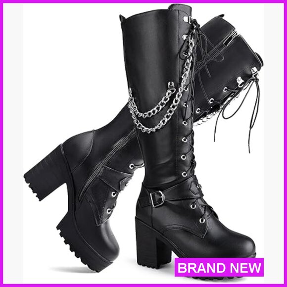 Shoes - Knee High Combat Boots Platform Block Heels Lace Up Side Zipper Trendy